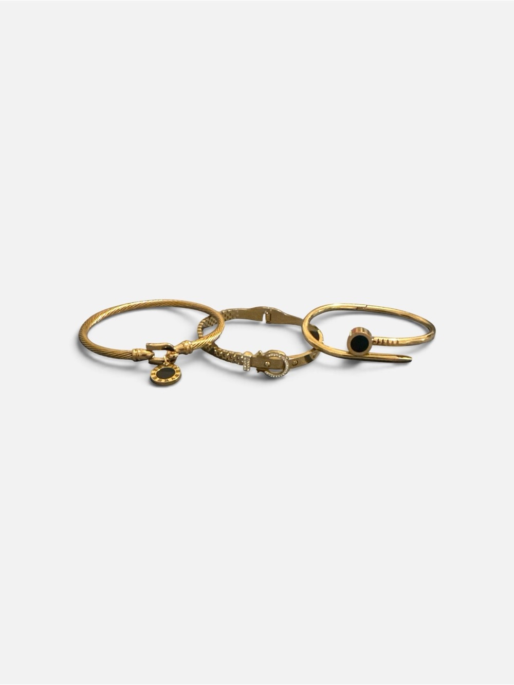 Gold-Tone Three-Piece Stainless Steel Bangle Bracelet Set with Black Accents